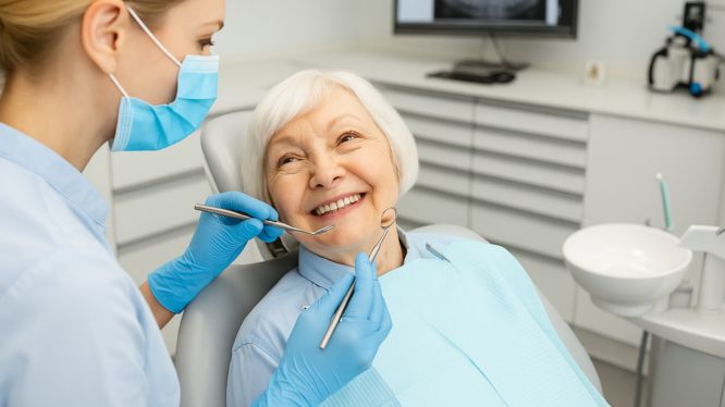 Dentista rubia con cubrebocas y guantes azules revisando a una paciente adulta mayor sonriente en clínica dental moderna